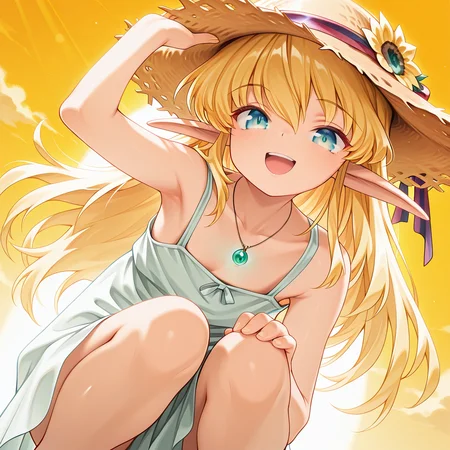 1girl,solo,<lora:IL_Collet_Brause_Pastel_Chime:1>,pc_cb,Collet Brause,elf,pointy ears,blonde hair,
dutch angle,with a golden hue,glowing,foreshortening,fantasy,looking at viewer,young,
sundress,
straw hat,hand on headwear,hat flower,hat ribbon,jewelry,necklace,pendant,
body visible through clothes,armpits,bloom,backlighting,open smile,squatting,from below,hand on own knee,, masterpiece,best quality,amazing quality,very aesthetic,absurdres,