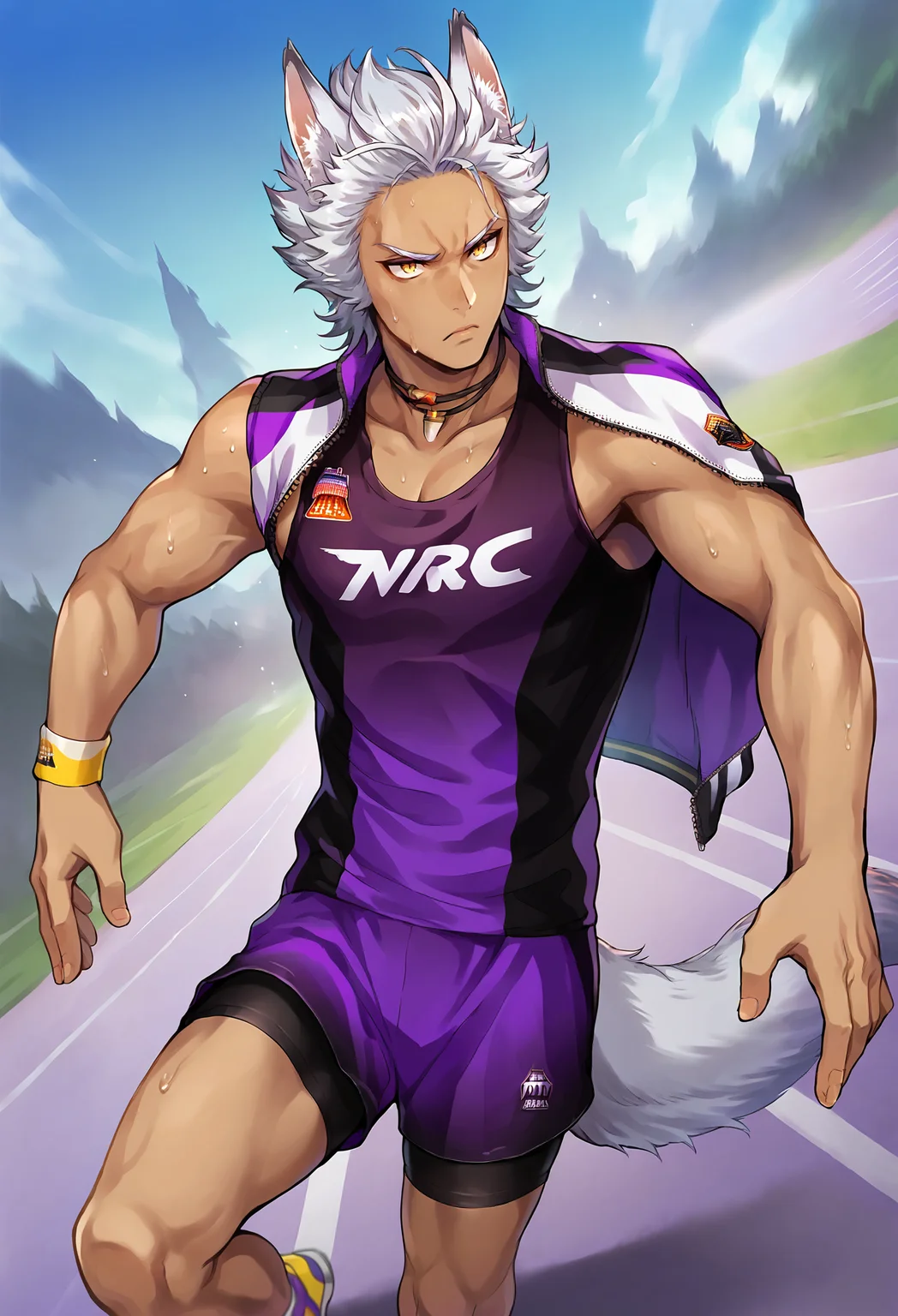 score_9, score_8_up, score_7_up,
j4ckclub, j4ckh0wl, animal ears, wolf ears, wolf tail, white hair, yellow eyes, 1boy, male focus, animal ears, dark-skinned male, solo, dark skin,
sportswear, jacket on shoulder, sleeveless shirt, purple shirt, bike shorts, yellow sneakers, necklace,
outdoors, track field, grass,
focused, serious,
running, sweating,
<lora:Jack_Howl:0.9>