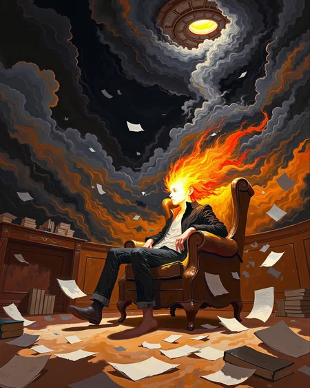 DB4RZ style painting, A person with a fiery head, sitting on an armchair surrounded by swirling light and dark clouds, scattered papers and books on the floor, a circular platform glowing in the corner