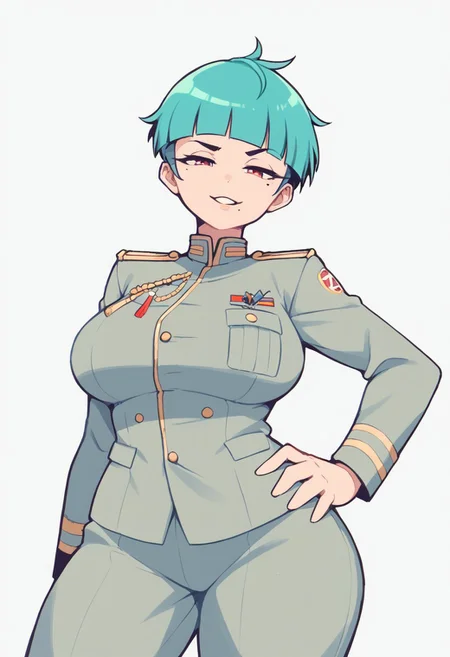 solo, 1girl, turquoise hair, mole_under_mouth, smug, half closed eyes, pixie cut, military uniform, large breasts, head tilt, parted lips, hand on hip, score_9,