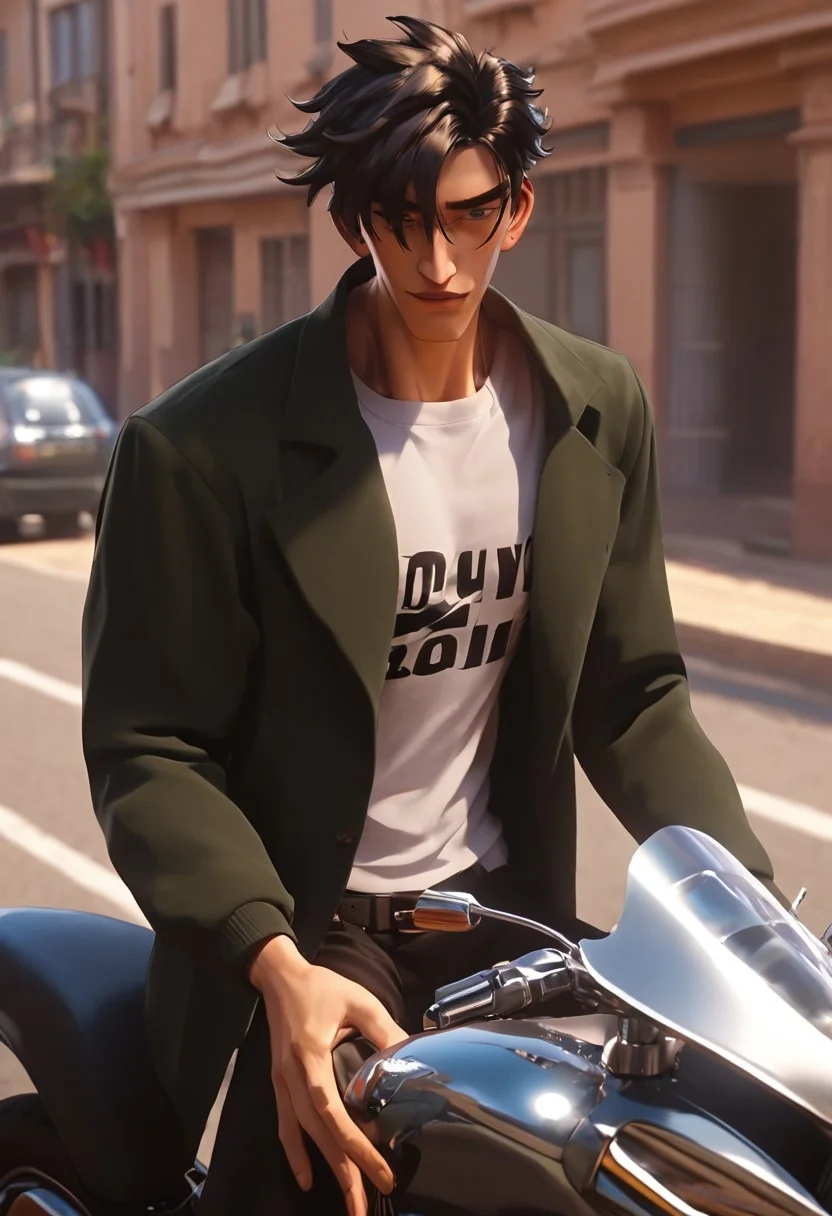 1boy, solo, male focus, toned male, black hair, messy hair, spiky hair, messy hair, satisfaction, satisfied, closed, mouth, neutral,
jacket, white shirt, black pants, belt
in a motorcycle, intense shadow, intimidating, chest close to viewer, dark light, no light, shadow, sitting in a motorcycle, motorcycle costume, motor vehicle, big motor vehicle, looking at viewer, smile
rating PG, score_9,score_8_up,score_7_up, source_anime, male focus, Muscular,
big thigh, big thigh, big chest, hung, manly, tall, detailed eyebrow, sharp eyebrows, focus on thigh, hairy thigh, thigh focus, random view