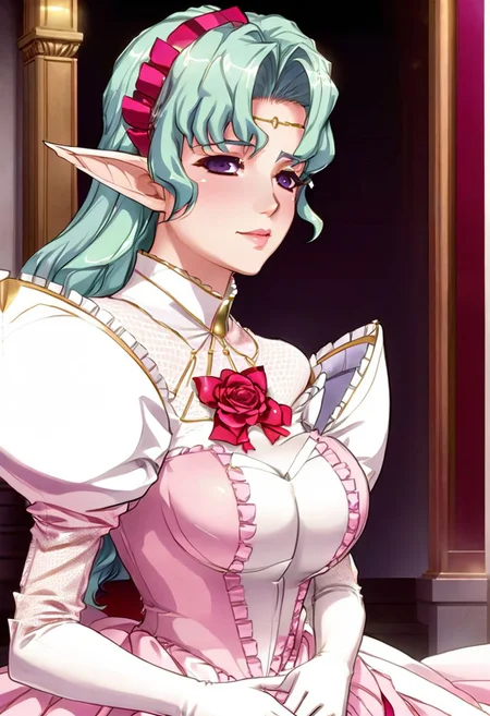 Arietta Elfinrine, delicate lady, violet eyes, blush, beautiful lips, lipgloss, luscius lips, circlet, cross collar, white sheer mesh, pink gown with sleeves, big red ribbon with a rose at center on her chest, elbow gloves, detailed and Intricate, masterpiece