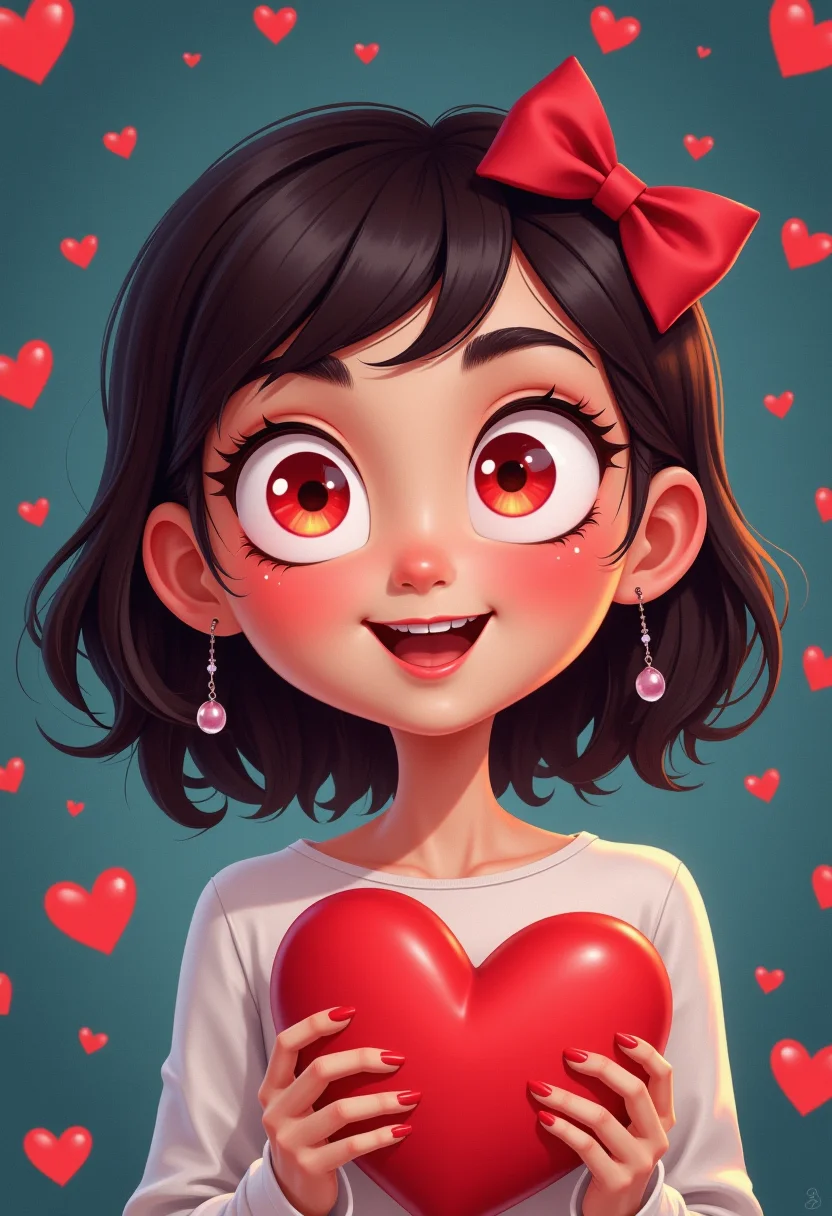 Cartoon, a sweet woman in love, glowing red eyes, heart eyes, <lora:Flux_Aidma\aidmaLOVEboost-FLUX-V0.1.safetensors:0.5:0.5>