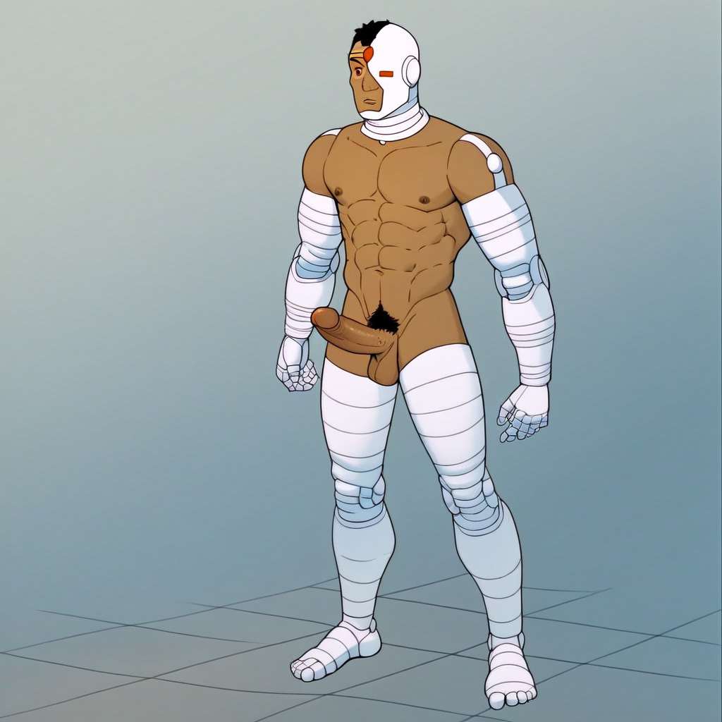cyborg, robot parts, robot arms, robot legs, left black eye, right red eye, solo, dark skin, 1boy, male focus,  pubic hair, completely nude, abs, penis, balls, standing,  hard penis, score_9, score_8_up, score_7_up, score_6_up <lora:vinceteaa_020_04v2-step00000400r:1> good face, good eyes, looking at viewer, full body, standing,