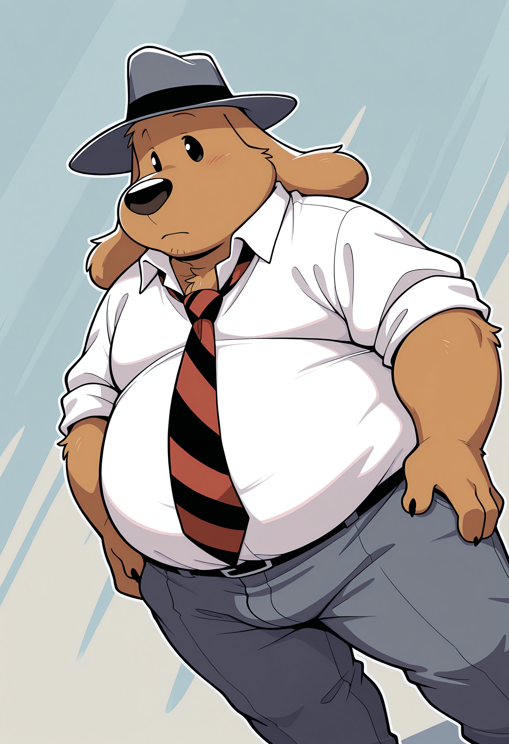 masterpiece, best quality, amazing quality, dynamic angle, dutch angle, abstract background, BREAK
solo, male, furry, anthro, dog, s4mu3ld0g, brown body, long ears, black eyes, fedora, fat, overweight, white shirt, necktie, pants, BREAK
 <lora:Samuel_Dog_-_Sam_and_Max_-_ILXL:1>
