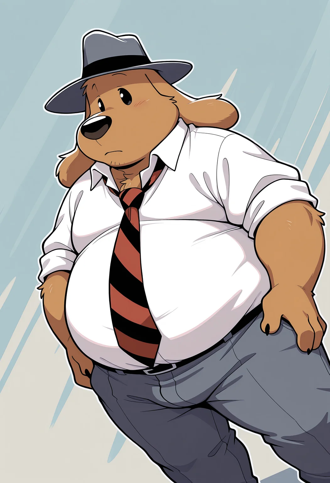 masterpiece, best quality, amazing quality, dynamic angle, dutch angle, abstract background, BREAK
solo, male, furry, anthro, dog, s4mu3ld0g, brown body, long ears, black eyes, fedora, fat, overweight, white shirt, necktie, pants, BREAK
 <lora:Samuel_Dog_-_Sam_and_Max_-_ILXL:1>