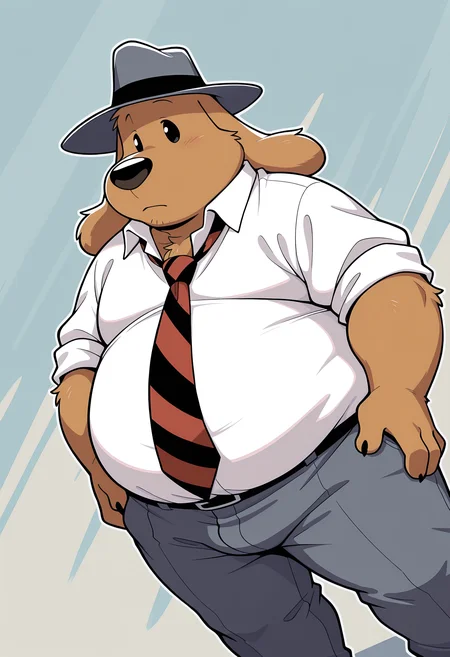 masterpiece, best quality, amazing quality, dynamic angle, dutch angle, abstract background, BREAK
solo, male, furry, anthro, dog, s4mu3ld0g, brown body, long ears, black eyes, fedora, fat, overweight, white shirt, necktie, pants, BREAK
<lora:Samuel_Dog_-_Sam_and_Max_-_ILXL:1>