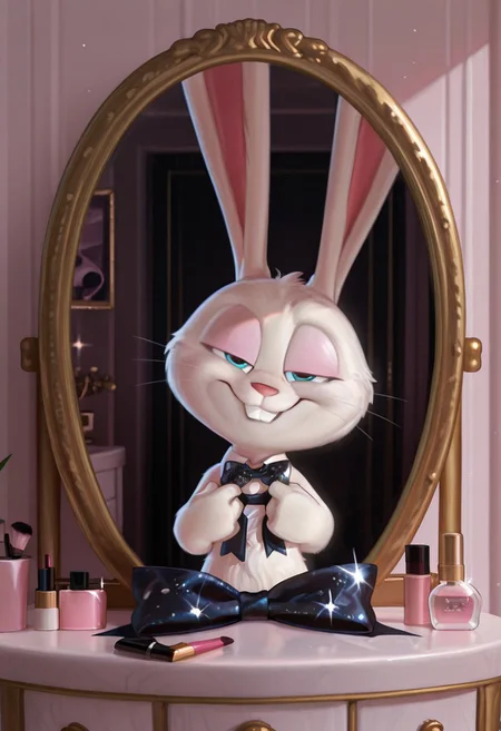 masterpiece, amazing quality, absurdres, ultra-detailed, detailed fluffy fur, no humans, furry male, solo, short, alec_azam, 1boy, white fur, blue eyes, whiskers, buck teeth, grin, teeth, rabbit tail, long ears, (droopy ears:1.1), unaligned ears, smug, half-closed eyes, eyelids, oversized bowtie, black bowtie, sequined bowtie, glitter bowtie, detached collar, adjusting bowtie, hands up, head tilt, fluffy, body fur, fewer digits, 4 fingers, looking at viewer, big head, upper body,
BREAK
looking at mirror, indoors, vanity table, cosmetics, hollywood mirror, mirror lights, cosmetics, shadow, light particles, detailed shading, WaiIL25PosC