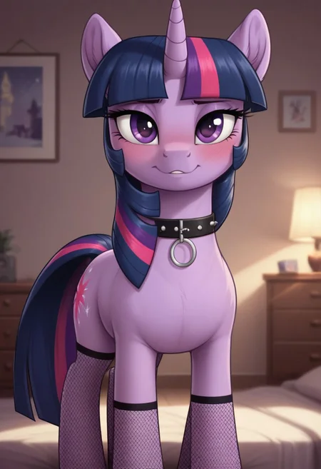 score_9, score_8_up, score_7_up, score_6_up, pony, unicorn, feral, mare, solo, (twilight sparkle), no breasts, bedroom, indoors, (night:1.2), tail, photo_realistic, blushing female, seducing, anatomically correct, looking at you, standing, black stockings, fishnets, front view, dramatic angle, dynamic pose, collar, chocker,