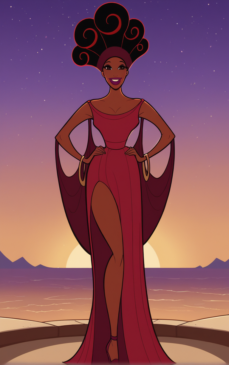 score_9, score_8_up, score_7_up, looking at viewer,  BREAK  
RedDress_Muse_Calliope_ownwaifu, 
1girl, afro, big hair, breasts, brown eyes, brown hair, curly hair, dark skin, dark-skinned female, eyeshadow, hair up, hairband, lips, long hair, makeup, very dark skin, lipstick, medium breasts, colored skin, 
red dress,  red headband, bare shoulders, cape, cleavage, sleeveless dress, strap slip, bracelet, long dress, off shoulder, side slit, long legs, narrow waist, 
(contrapposto, hand on hip), sunset, sidelighting, cityscape, outdoors, <lora:PONYXL_Hercules_Muse_Calliope_ownwaifu:1> , depth of field, solo,