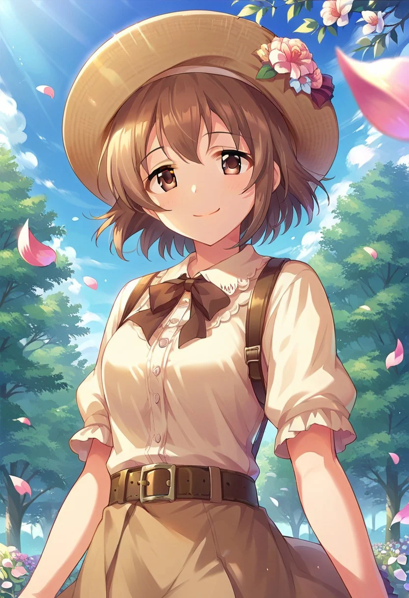 score_9, score_8_up, score_7_up, source_anime,kita hinako, brown hair, short hair, brown eyes, 1girl, tree, solo, hat, skirt, petals, flower, belt, outdoors, smile, day, sky