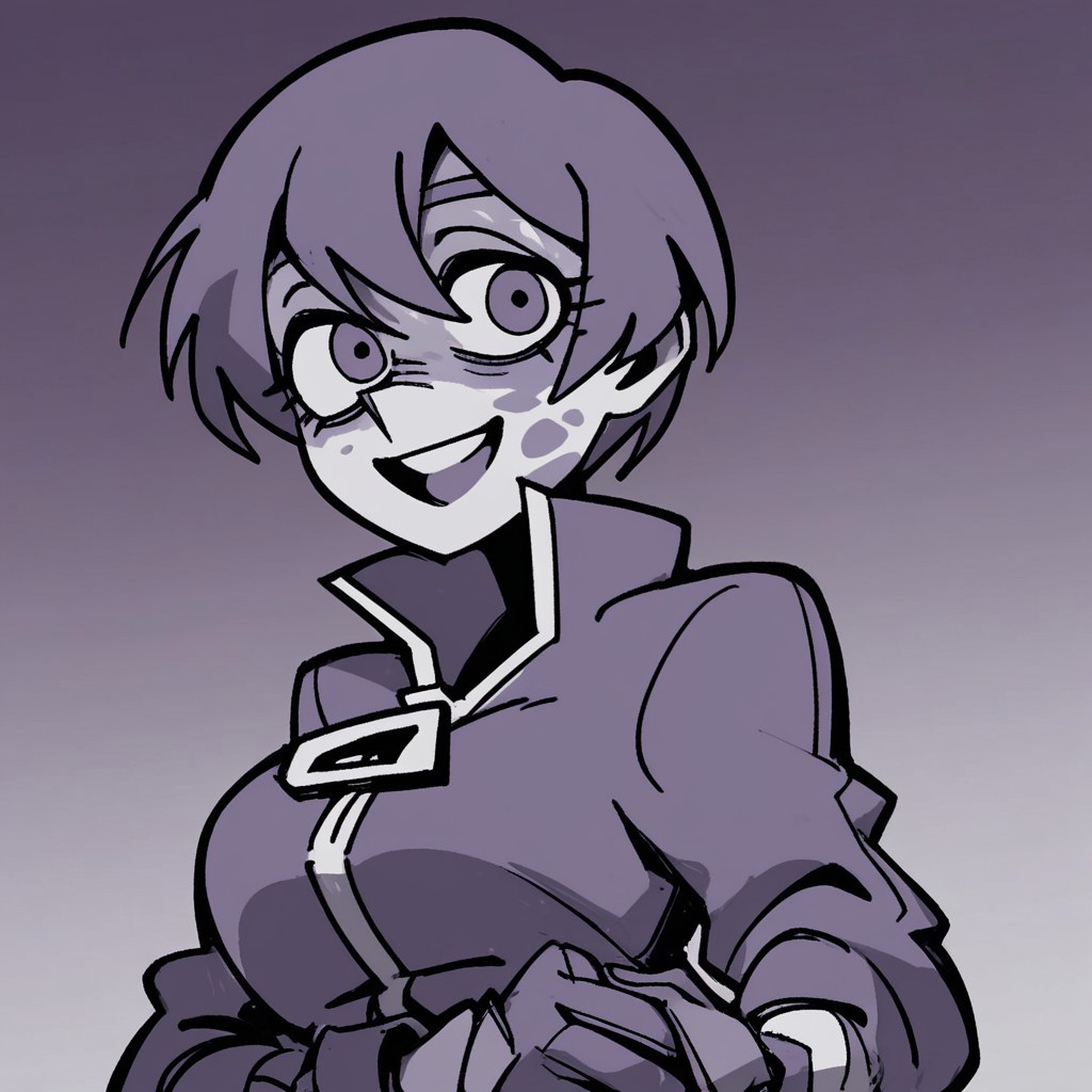 score_9, score_8_up, score_7_up, UsterkaAwaria, purple theme, short hair, dirty face, oil stains, 1girl, solo, smile, short hair, open mouth, gradient, upper body, gradient background, looking at viewer, medium breasts, monochrome, purple eyes, dull colors, gloves, jacket, jumpsuit, toned body,