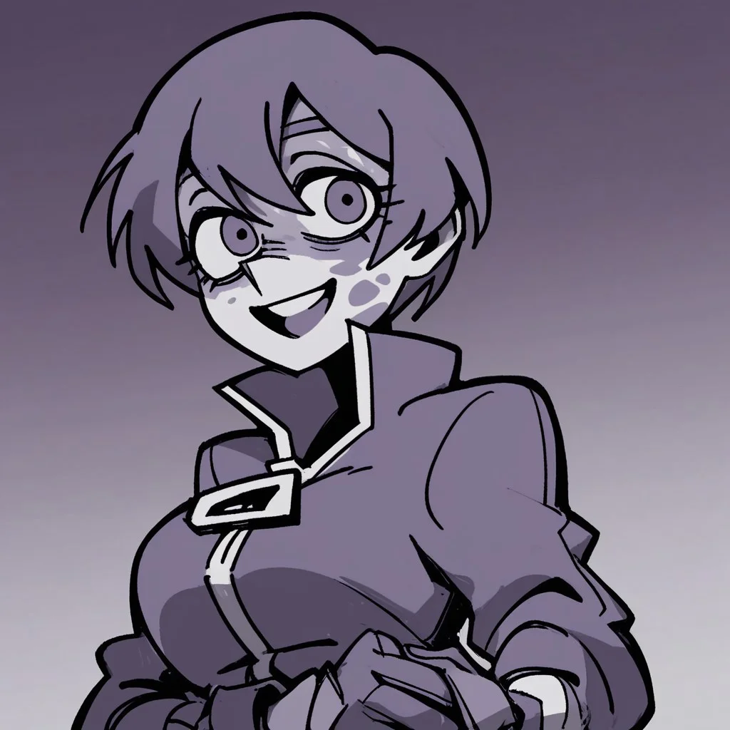 score_9, score_8_up, score_7_up, UsterkaAwaria, purple theme, short hair, dirty face, oil stains, 1girl, solo, smile, short hair, open mouth, gradient, upper body, gradient background, looking at viewer, medium breasts, monochrome, purple eyes, dull colors, gloves, jacket, jumpsuit, toned body,