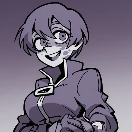 score_9, score_8_up, score_7_up, UsterkaAwaria, purple theme, short hair, dirty face, oil stains, 1girl, solo, smile, short hair, open mouth, gradient, upper body, gradient background, looking at viewer, medium breasts, monochrome, purple eyes, dull colors, gloves, jacket, jumpsuit, toned body,