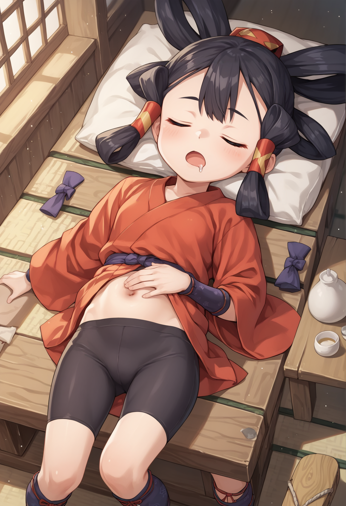 1girl, purple eyes, black hair, hair rings, hair tubes, japanese clothes, red kimono, short kimono, wristbands, leg warmers, sandals, bike shorts, sleeping, closed eyes, navel, indoors, japanese house, from above, open mouth, drool, scratching stomach  <lora:Sakuna:0.8>, score_9, score_8_up, score_7_up, score_6_up, score_5_up, score_4_up, BREAK source_anime, masterpiece