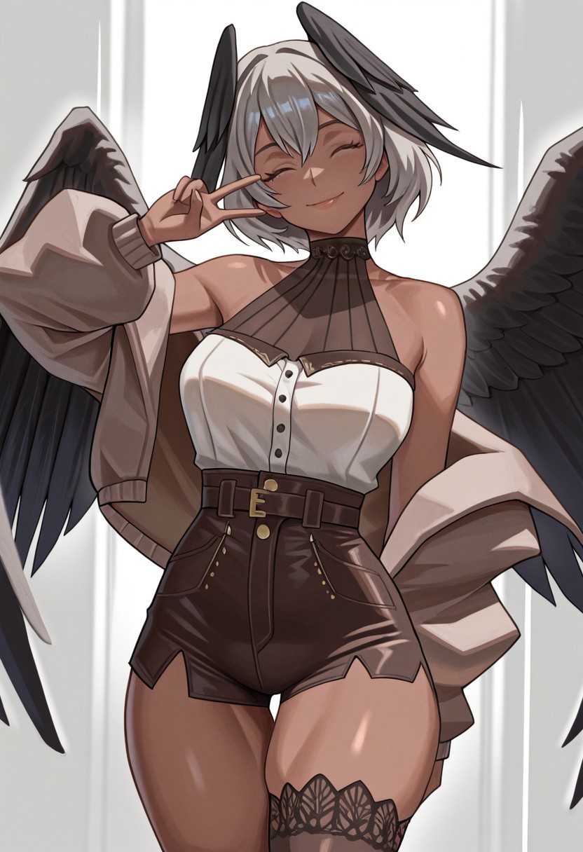17crows, best quality, masterpiece, hires, solo, 1girl, closed eyes, lips, smile, grey hair, pose, v, grey brown dark-skinned female, bare shoulders, baggy jacket, black feather wings, high-waist_shorts, asymmetrical thigh-highs