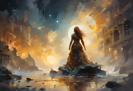 A captivating cosmic scene where Venus emerges from the ocean, waves dancing around her under a golden morning light. In the background, a starry sky serves as a canvas, with vibrant colors blending in space. Venus, shrouded in amber mist, embodies both wrath and beauty, swirling in retrograde around the blazing sun, Sol. Artistic elements suggesting a dynamic and discordant dance float around her. Illuminate this vision of a stellar future, highlighting the connection between the sea and the cosmos, with an ambiance of mystery and universal energy.