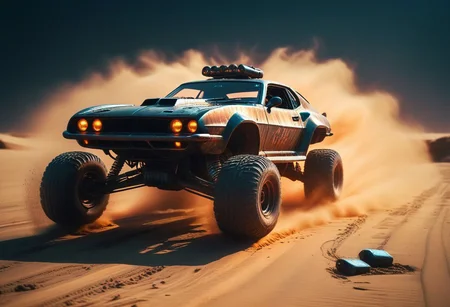 Capture the bleaked neon-pastel dark adrenaline-fueled action of your super-tuned Vintage Mad Max-style RC car soaring over a small sand ramp, sand flying, in an electrifying scene of RC mayhem!, Neon, dystopian Sci-fi neo-Tokyo, very detailed, high contrast, digital Art, very detailed, deep blacks,