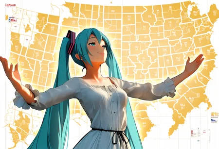 masterpiece, best quality, map, united states, outstretched arms, upper body, yellow background, white background, english text, <lora:JebWinsMeme_illusXL_Incrs_v1:1>, 1girl, looking up, seductive smile, hatsune miku, dress,