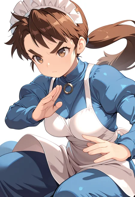 1girl,solo,
modoi,
brown hair,long hair,low ponytail,breasts,thick eyebrows,brown eyes,
serious,v-shaped eyebrows,
blue dress,maid headdress,juliet sleeves,white apron,o-ring,
white background,simple background,
fighting stance,
masterpiece,best quality,amazing quality,very aesthetic,absurdres,newest,
<lora:reduce_wrinkles_illstriouosv0.1_ADDifT_2_in_1_v1.2:0.8>,
<lora:99coins_nijiura_maid_IL_v7_15:1>