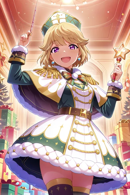 masterpiece, best quality, amazing quality,
<lora:Ryoko_IL:1> ryoko, purple eyes, gift, smile, open mouth, solo, hat, dress, box, thighhighs, star (symbol), capelet, gift box, epaulettes, wand, 1girl, long sleeves, jewelry, holding, looking at viewer, indoors, christmas, short hair, earrings, blonde hair