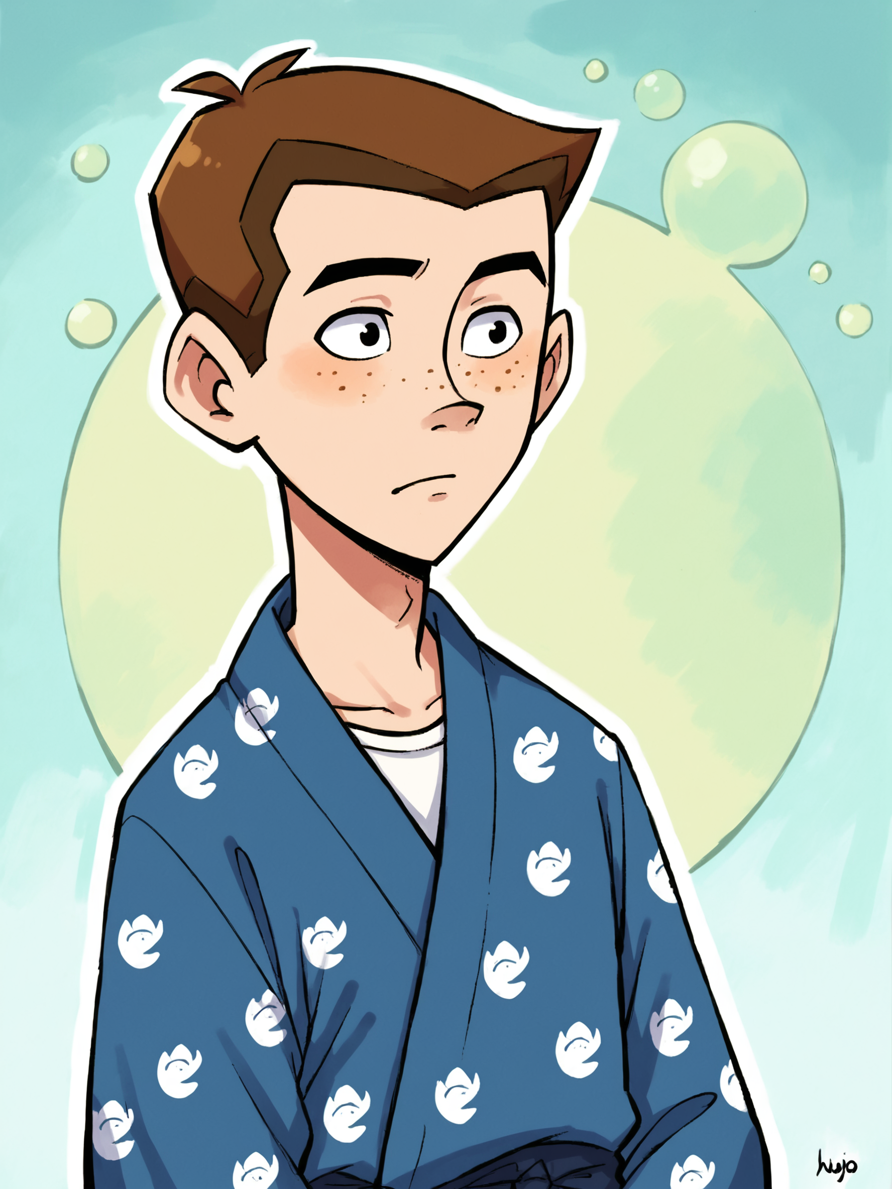 score_9, score_8up, score_7up, score_6up, score_5up, score_4up, abstract background, source_anime, rating_safe, BREAK
solo, 1boy, young male, vb_dean, brown hair, black eyes, freckles, yukata, japanese clothing, BREAK
 <lora:Dean_Venture_Classic_-_The_Venture_Brothers_-_PDXL:1>