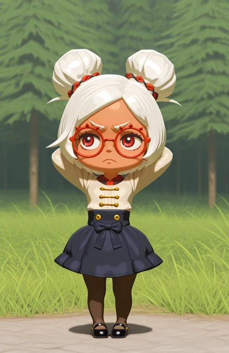 <lora:anatomy_helper:0.8> 1girl, solo, nature, full body, upset, angry, frown,,arms behind head, 3d,
<lora:LilPurah-IL:0.8> prhmini, red eyes, red-framed eyewear, red-framed eyewear, dark-skinned female, white hair, double bun, chibi, hospitality uniform, long sleeve blouse, high waist skirt, pantyhose, mary janes, bow, extremely detailed, highres, masterpiece, best quality