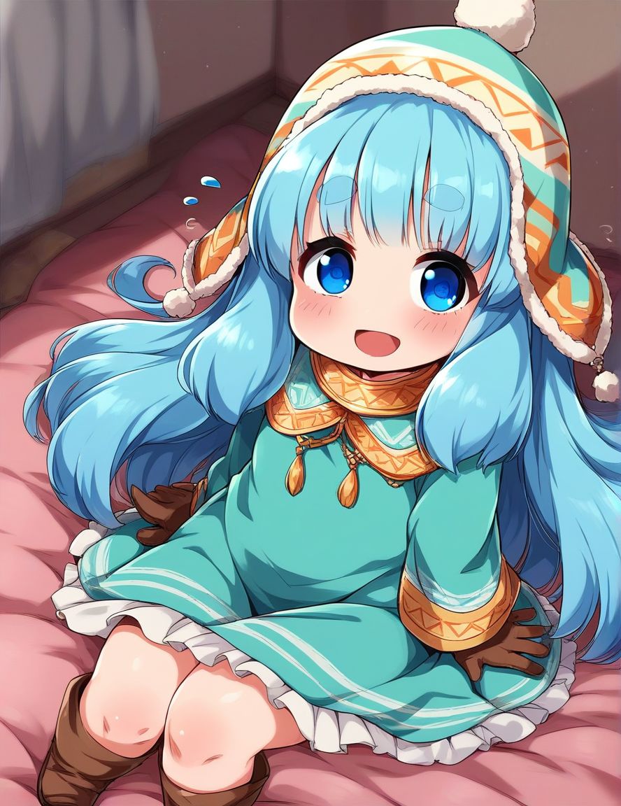score_9, score_8_up, score_7_up, source_anime, rating_explicit, BREAK  <lora:Runemaster_XL:1>
runemaster, long hair, blue eyes,  bangs, very long hair, aqua hair, thick eyebrows, blue hair, short stack,
1girl, solo, hat, gloves, open mouth, looking at viewer, dress, smile, flying sweatdrops, green dress, long sleeves, brown gloves, blush, sitting,
room,