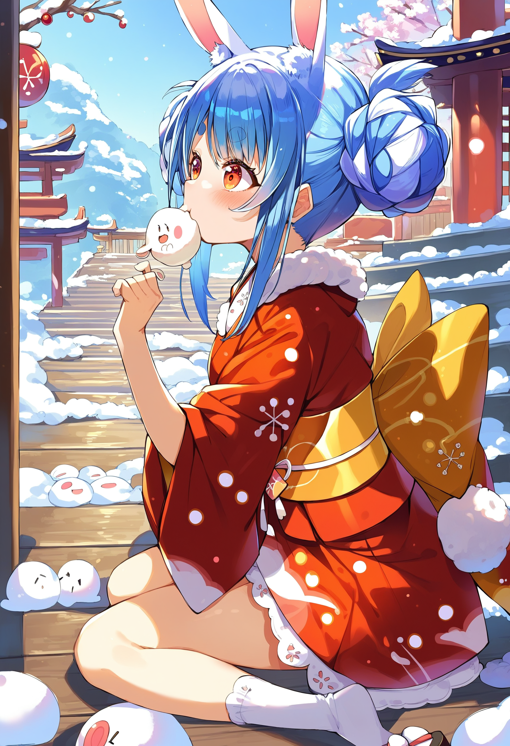 score_9, score_8_up, score_7_up, score_6_up, source anime,
usada pekora, rabbit girl, rabbit ears, animal ear fluff, rabbit tail, twin braids, thick eyebrows,
usada pekora newyear, official alternate costume, japanese clothes, red kimono, short kimono, sash, tasuki, obi, sidelocks, tabi, white socks, 
official alternate hairstyle, double bun, twin braids,
blush, full body, mochi, eating, food in mouth, ichigo daifuku,
east asian architecture, outdoors, snow, from side, sitting, stairs
<lora:usada_pekora_v1:1>