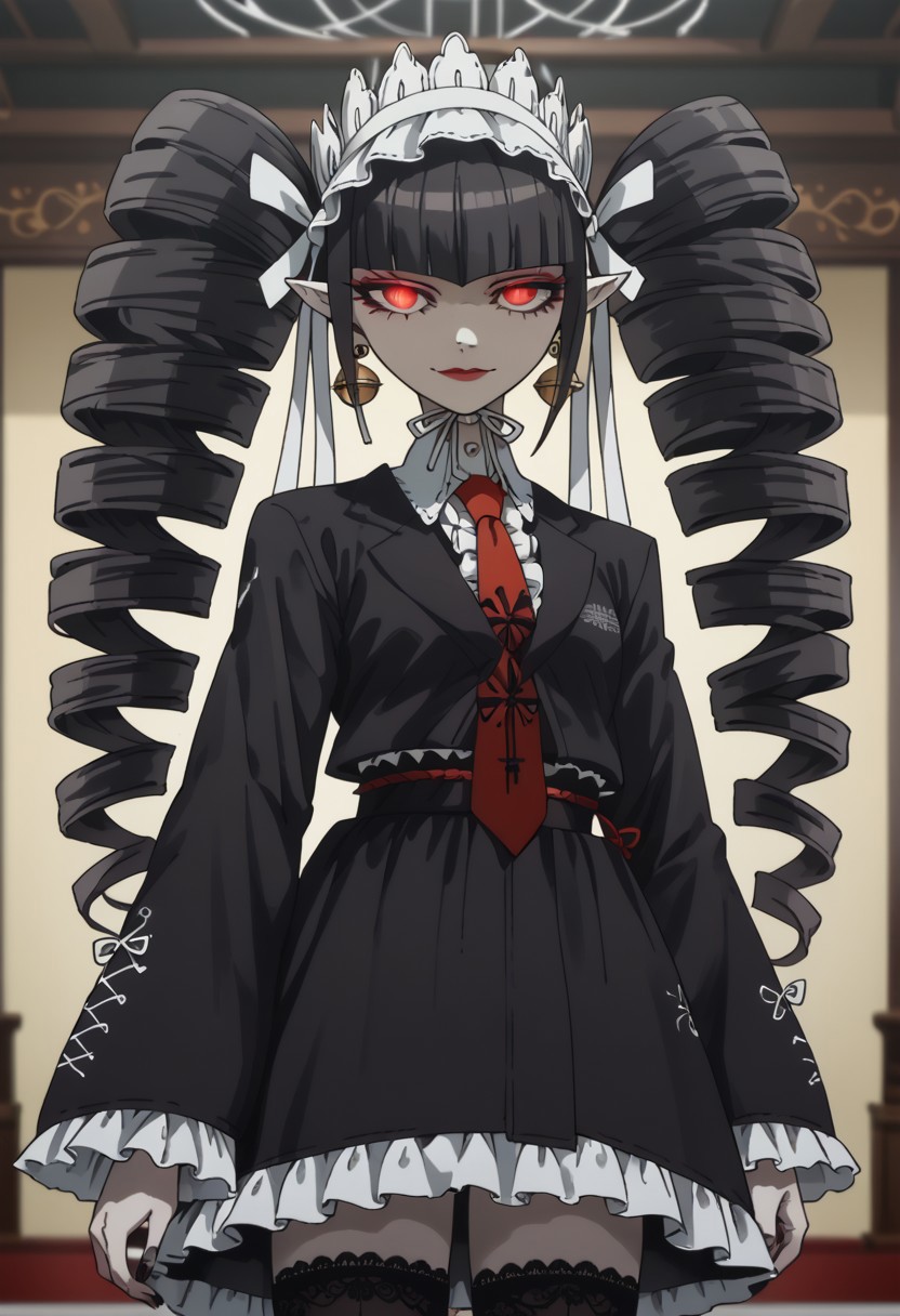 zPDXL3, score_9_up, score_8_up, score_7_up, (Anime_source), 1girl, standing, looking at viewer, Celestia, drill hair, long hair, twin drills, red eyes, black hair, twintails, frills, earrings, jewelry, black thighhighs, bonnet, bangs, red necktie, lipstick, buttom eyes, eyeshadow, closed mouth, seductive smile, lusty face, Kimono, black Kimono, flowery dress, slit pupils, white pale skin, small black demon horns, pointy ears, glowing eyes, sinozick style, flat color, dark theme, background, interior, bedroom