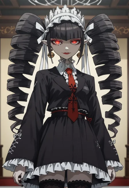 zPDXL3, score_9_up, score_8_up, score_7_up, (Anime_source), 1girl, standing, looking at viewer, Celestia, drill hair, long hair, twin drills, red eyes, black hair, twintails, frills, earrings, jewelry, black thighhighs, bonnet, bangs, red necktie, lipstick, buttom eyes, eyeshadow, closed mouth, seductive smile, lusty face, Kimono, black Kimono, flowery dress, slit pupils, white pale skin, small black demon horns, pointy ears, glowing eyes, sinozick style, flat color, dark theme, background, interior, bedroom
