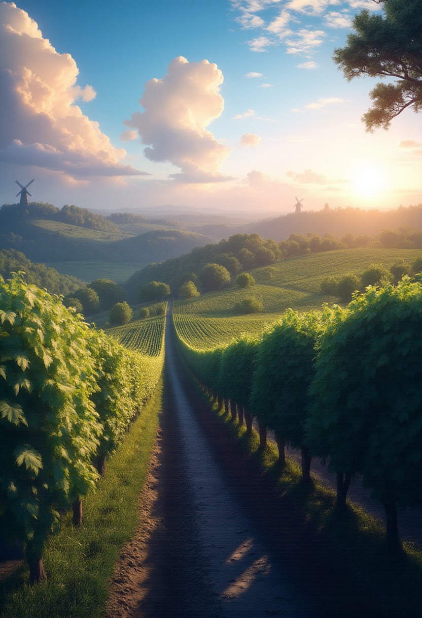 detailed background, from above,( Calm spring morning landscape), beautiful view, Vineyards, top quality grapes, early morning, sunrise sky, beautiful clouds, dappled sunlight, 
I can see a windmill in the distance, 
depth of field, masterpiece, best quality, ultra-detailed, very aesthetic, illustration, perfect composition, intricate details, absurdres, moody lighting, wisps of light, no humans,