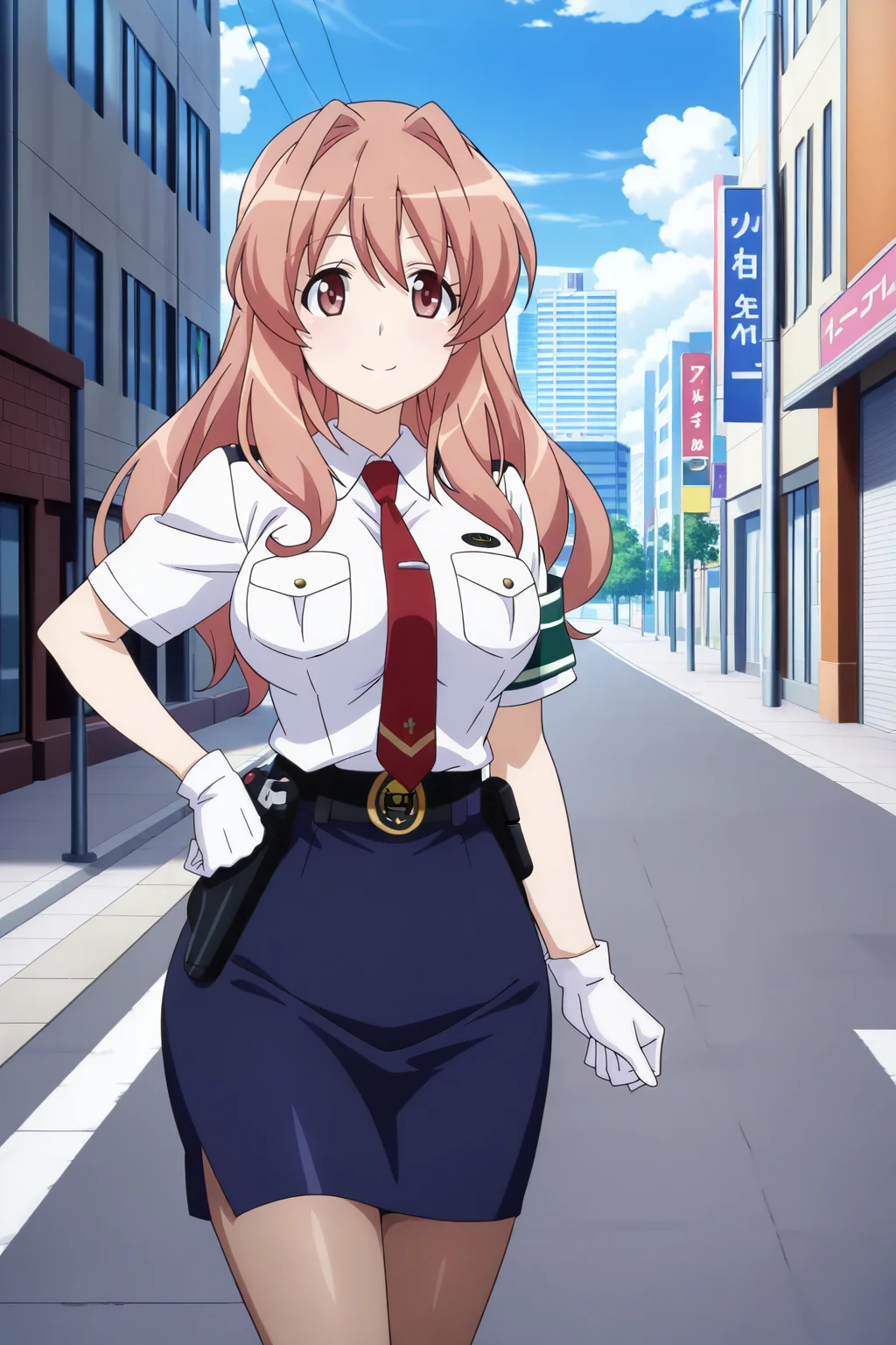 anime screenshot, anime coloring, koumi haruka, 1girl, solo, brown hair, long hair, hair intakes, brown eyes, large breasts, police uniform, white shirt, collared shirt, short sleeves, red necktie, white gloves, black belt, green armband, blue skirt, pencil skirt, brown pantyhose, holster, looking at viewer, smile, closed mouth, hand on own hip, outdoors, city, street, day, blue sky, masterpiece, best quality, high quality, highres, absurdres, <lora:koumi_haruka_ILXL_v2:0.9>