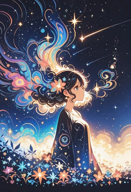 1 girl , starry sky , shooting star ,looking away ,constellation ,swirling , abstract ,shifting twisting , 
masterpiece, best quality ,amazing quality ,Bright_illu ,sparkle ,too many light particles,psyc0d3l1c ,Protoneon , sometyome_illu ,