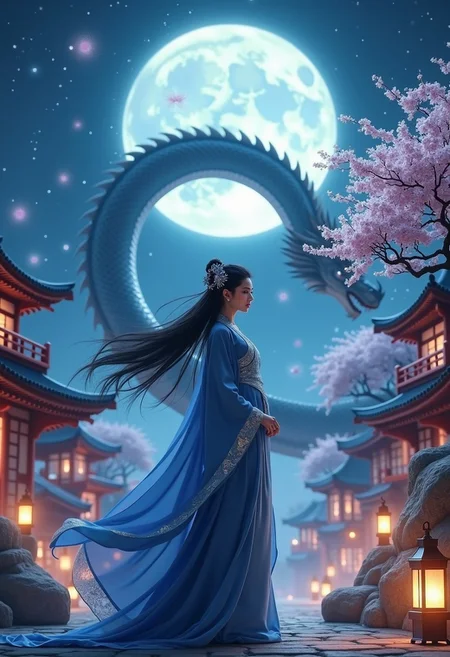 A serene night scene featuring a graceful woman in traditional Asian attire standing under the full moon. Her long, flowing blue robe is adorned with intricate silver embroidery, and she wears an elegant headpiece that complements her dark, flowing hair. The background showcases a majestic Eastern dragon, its body coiling around the scene, appearing powerful and mystical with shimmering scales that reflect the moonlight. Surrounding the dragon and the woman are traditional pagoda-style buildings, cherry blossom trees in full bloom, and softly glowing lanterns, creating a magical, dream-like atmosphere. The entire scene is bathed in a soft blue hue, with high contrast and vivid colors, capturing every delicate detail in a hyper-realistic style.
<lora:edgy_fashionista_flux_ntc_v2:0.65>,
<lora:bokeh_flux_ntc:0.65>,
<lora:detailed_flux_ntc:0.6> ,
<lora:fluxenhancer:0.25>,