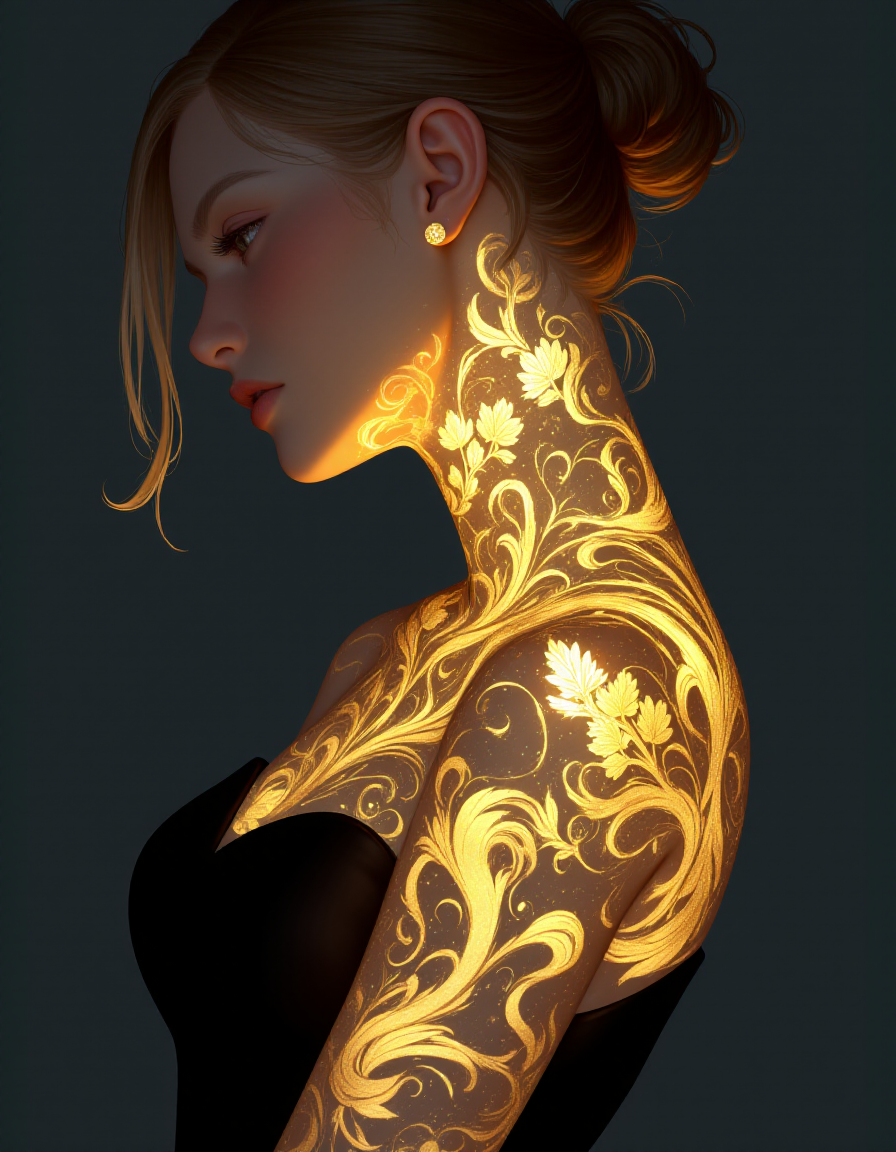 A beautiful elf with golden glowing tattoos of a forest on her body <lora:BioInk2FLUX:1>