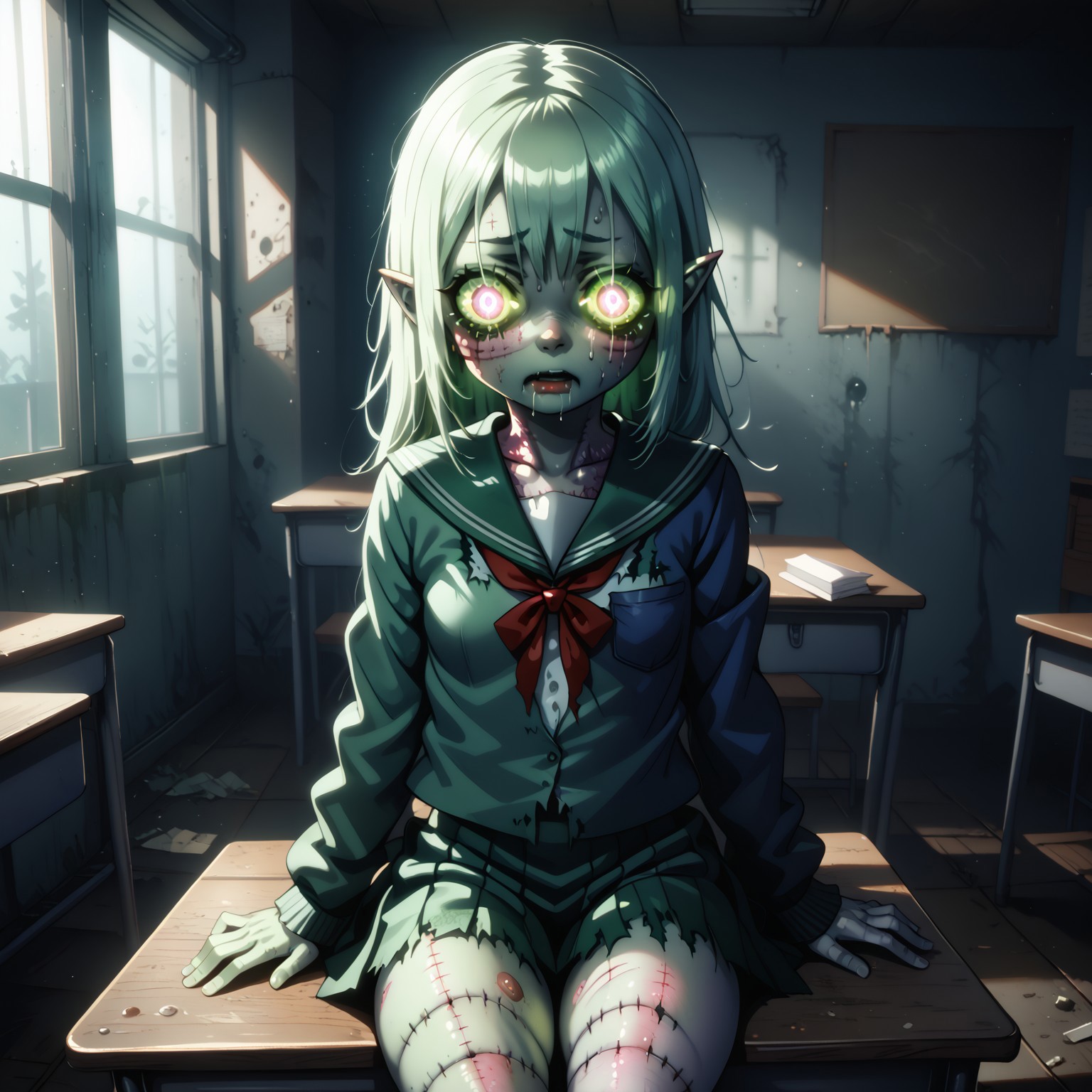 packetstyle, indoors, sitting at a desk reading a book, in a dark abandoned classroom, a solo zombie girl with glowing eyes, pale green skin, rotting flesh, stitches, and a torn school uniform, drooling