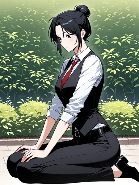 <lora:Omniscient_Readers_Viewpoint__Jung_Heewon:1>
1 girl, solo, black hair, long hair, black eyes, tied hair, hair bun,
white shirt, red necktie, black vest, black pants, black belt, formal outfit, sleeveless vest, rolled-up sleeves,
score_9, score_8_up, score_7_up, masterpiece, best quality, absurdres, perfect anatomy, 1girl, solo, wariza, sitting, hands on own knees, garden background