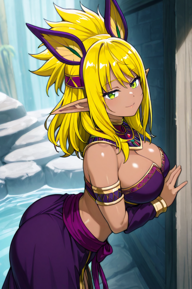 PonyScores, score_9, score_8_up, score_7_up, (ranya), ranya_(sentai red ga isekai de boukensha ni naru), 1girl, solo, ass, Expressive, athletic, athletic female, sexy, seductive, (iper detail eyes), (ultra detailed eyes), outdoors background, (intricate eyes), ((looking at viewer)), looking at you, pretty eyes, intricate iris, perfect lips, perfect eyes, expressive eyes, bare shoulders, black tube top, blonde hair, breasts, cleavage, dark-skinned female, dark elf, dark skin, elf, high ponytail, large breasts, long hair, pointy ears, ponytail, strapless, tube top, upper body, Expressiveh,32k, masterpiece, best quality, amazing quality, high resolution, very aesthetic, absurdres, newest, professional, high-quality, (detailed eyes), (detailed face), (Detailed background), (portrait), (perfect lighting), (best quality), (light particles), source_anime, (beautiful eyes and face), seductive smile, <lora:RanyaIllustriousApexAi:1>, half-closed eyes, raytracing, bright, dust particles, amazing quality, very aesthetic, digital manga artwork, manga sharp coloring, simple background, hot springs background, cowboy_shot, correct anatomy, model pose, looking at viewer, very aesthetic, highly detailed, high resolution, absurdres, legs apart, front view, big hips, dress, detailed lips, karin kanzuki, very feminine, light smile, lean on wall, curly_hair, cute moment. Half body,