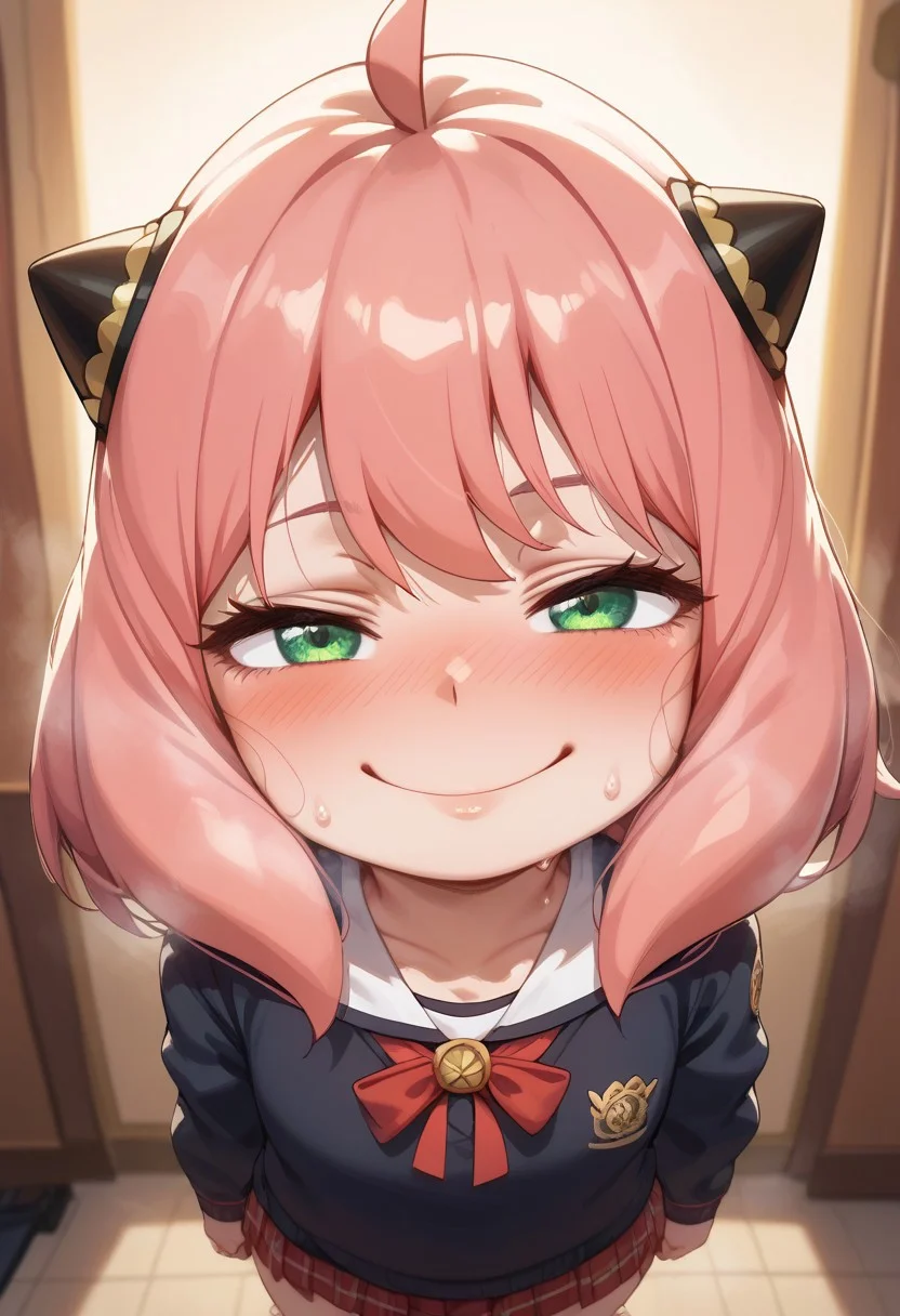 score_9, score_8_up, score_7_up, score_6_up, 1girl, Anya Forger (Spy x family), (bangs, green eyes, pink hair, ahoge, hair ornament, hairpods, young, short girl, very short, solo, chubby, shortstack, short, small, small tits, flat chested), sexy face, (sweat, musk clouds, musk clouds, steam, pheromones, stink musk, musk clouds, musky, smell, steam, sweat), (black school uniform, black uniform, eden academy school uniform), indoors, sexy, cute face, looking at viewver, nose blush, horny, smug smile, standing, from above