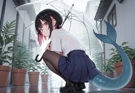 masterpiece, best quality, amazing quality, 1girl, transparent, transparent umbrella, skirt, solo, umbrella, tail, holding, red eyes, shirt, looking at viewer, holding umbrella, piercing, ear piercing, white shirt, blue skirt, multicolored hair, black hair, squatting, plant, pleated skirt, short hair, pink hair, colored inner hair, pantyhose, looking back, virtual youtuber, closed mouth, outdoors, potted plant, earrings, fish tail, jewelry, tonerostyle