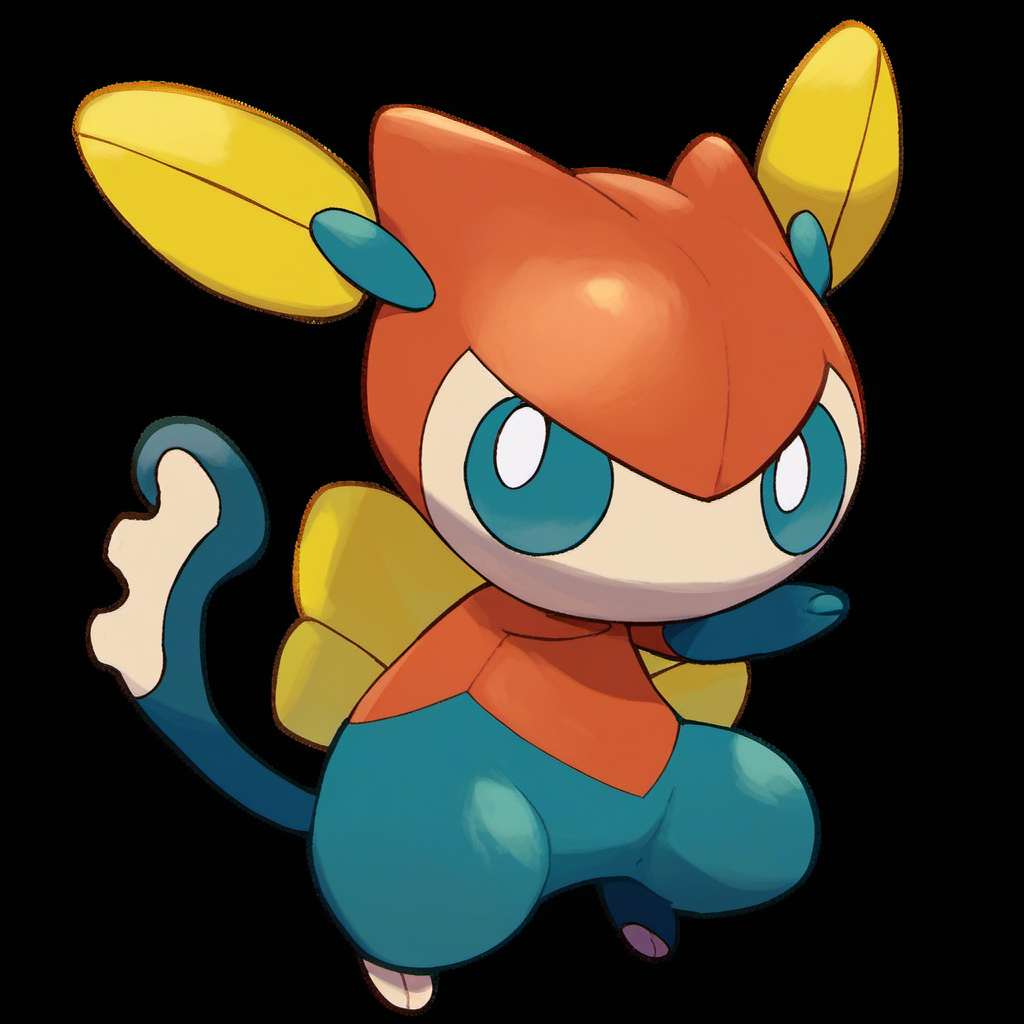 source_furry, rating_safe,  <lora:pokemon_pony_xl:0.6>, Type: Steel, Type: Psychic, Egg Group: not obtainable, is a small, white, humanoid Pokémon, It has short, stubby legs and comparatively longer arms, There are flaps on the underside of its arms, which give the impression of long sleeves, On its belly is a curved seam, which conceals a third eye, known as its "true" eye, Additionally, has a normal pair of ovalish eyes on its face, with small, blue triangular markings underneath, On its head is a large, yellow structure with three points extending outward: one from the top and one on either side, On each point is a teal tag, known as a "wish tag", A rounded extension hangs from either side of the yellow structure, framing  face, Two yellow streamers flow from  back, resembling comet tails, score_9, score_8_up, score_7_up, score_6_up, score_5_up, score_4_up