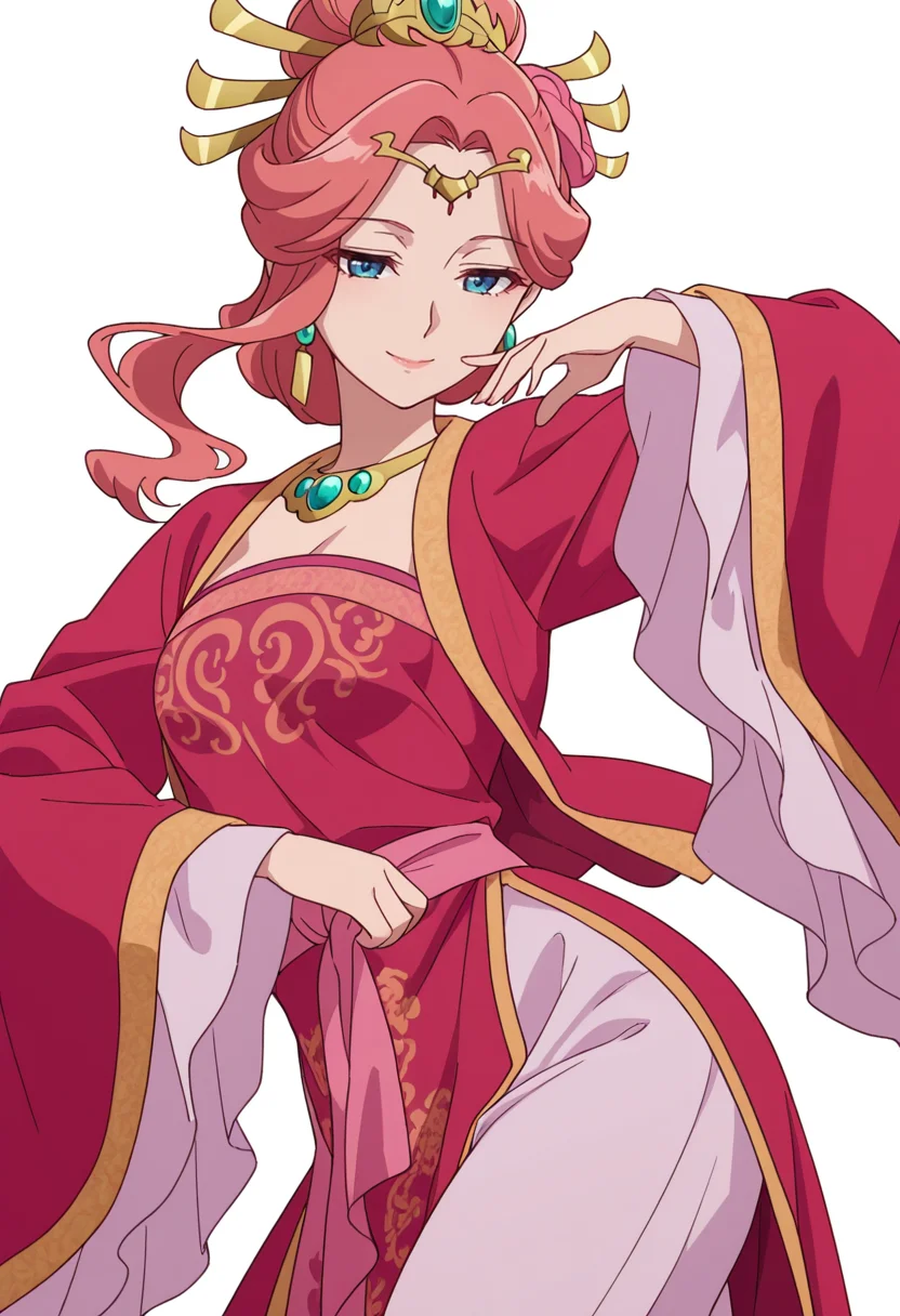 Smooth Quality,masterpiece,very intricate, high quality details, ultra realistic, high detailed skin,detailed enviorement,absurdres,
simple background, white background,solo,
front view,seductive smile,dancing, 
<lora:Gyokuyou_CNR:0.8> gyokuyou_cnr, 1girl, red hair, pink hair, blue eyes, long hair,chinese clothes, dress, long sleeves, wide sleeves,earrings, necklace, jewelry