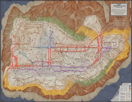 <lora:5ubw4ym4p_SDXL_SGX:1.0>illustration of a 5ubw4ym4p style map of the three realms of inner terran, with detailed representation of the subtern tunnels linking the mineral caverns and lava fields with the greater warrakture cathedral hall, hatching used for dragon exclusion zone with thick straight lines color-coded, with different colors representing different types of lines and stations, such as red, blue, green, yellow, orange, and purple. simple white background, highly detailed, sharp focus
