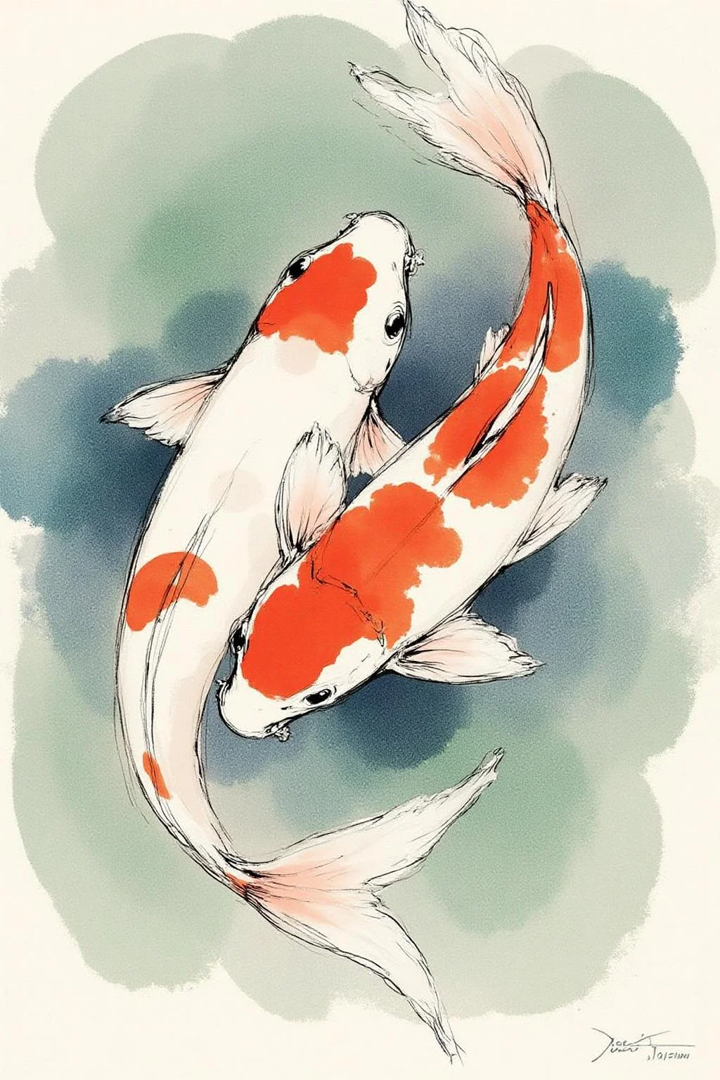 nijiwc1 Ink brush style illustration.
two koi fish side by side in a small pond together. top down view, beautiful colors
<lora:inkwash_niji_nocap_d6a3:1.0><lora:806968881404044587:0>