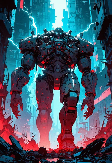 A massive mecha-robot stands amidst the ruins of a post-apocalyptic city. Its metal body glistens from lightning flashes, its parts covered with battle damage. All around are ruined buildings, red fire flashes creating a contrast to the cold blue light. The atmosphere is tense, the robot looks menacing, its eyes glowing with neon light. Clear comic outlines, highly detailed mechanical elements