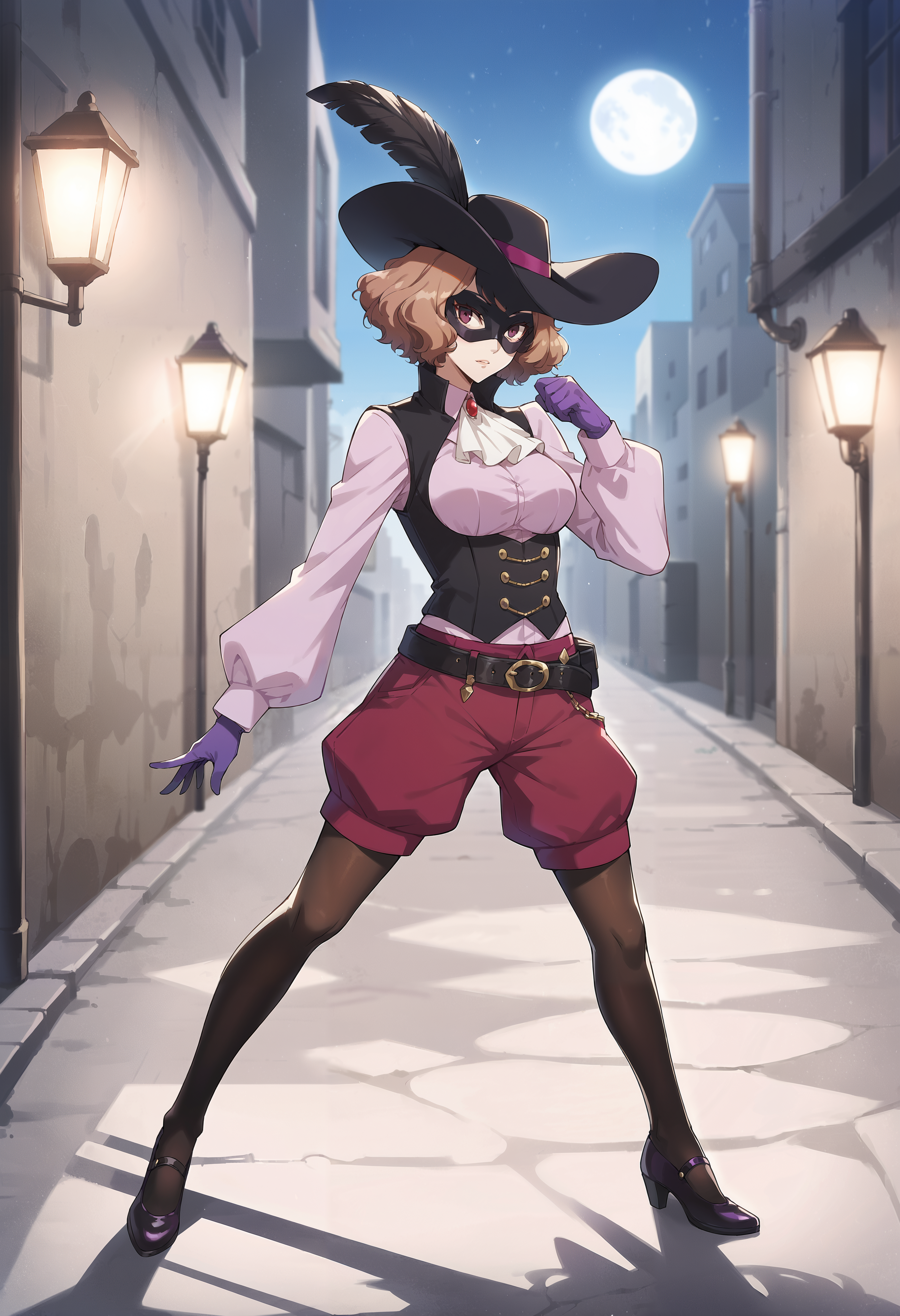 score_9, score_8_up, source_anime
1 girl, solo, cute face,
p5haru, brown hair, short hair, wavy hair,
p5haru-noir, hat, hat feather, domino mask, ascot, pink shirt, long sleeves, vest, underbust, magenta shorts, puffy shorts, legwear under shorts, black pantyhose, purple gloves, belt, bandolier,
outside, full body, dark, alley, street, streetlight, shadows, full moon, starlight, dramatic pose,
masterpiece, best quality, ultra detailed,