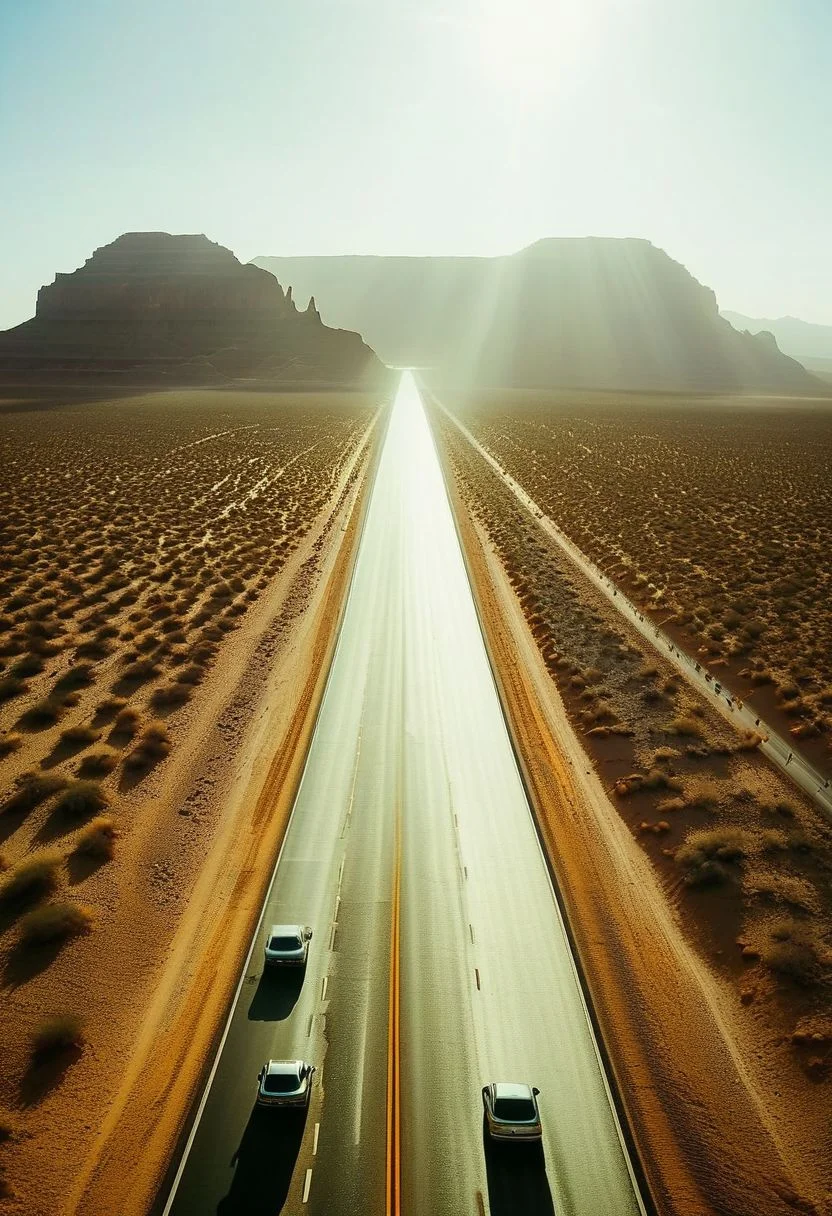 ()Hyoer Realistic:2.0)Polaroid picture of
image of a vast, desert interstate highway, stretching out to the horizon with multiple lanes of sleek, silver cars zipping by. The speed limit sign reads 99 MPH, and the road is flanked by towering, sandy dunes that glow golden in the sunlight.
In the center of the view, a majestic mountain rises from the desert floor, its peak shrouded in mist. At the very top, a breathtaking waterfall cascades down the rocky face, creating a misty veil that rises into the air. The contrast between the arid desert landscape and the lush, tropical oasis at the mountain's peak is striking.
Capture the sense of freedom and adventure that comes with driving down this futuristic highway, surrounded by the surreal beauty of the desert landscape.