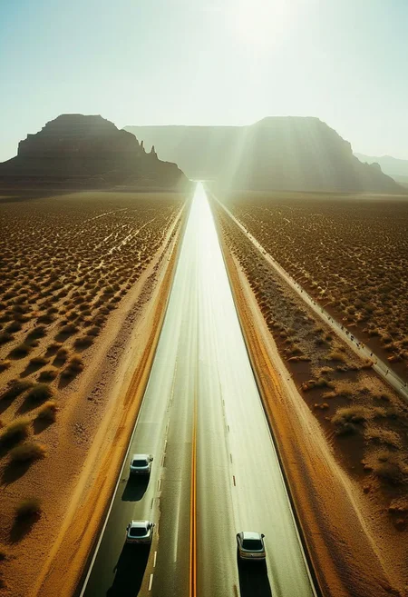 ()Hyoer Realistic:2.0)Polaroid picture of
image of a vast, desert interstate highway, stretching out to the horizon with multiple lanes of sleek, silver cars zipping by. The speed limit sign reads 99 MPH, and the road is flanked by towering, sandy dunes that glow golden in the sunlight.
In the center of the view, a majestic mountain rises from the desert floor, its peak shrouded in mist. At the very top, a breathtaking waterfall cascades down the rocky face, creating a misty veil that rises into the air. The contrast between the arid desert landscape and the lush, tropical oasis at the mountain's peak is striking.
Capture the sense of freedom and adventure that comes with driving down this futuristic highway, surrounded by the surreal beauty of the desert landscape.