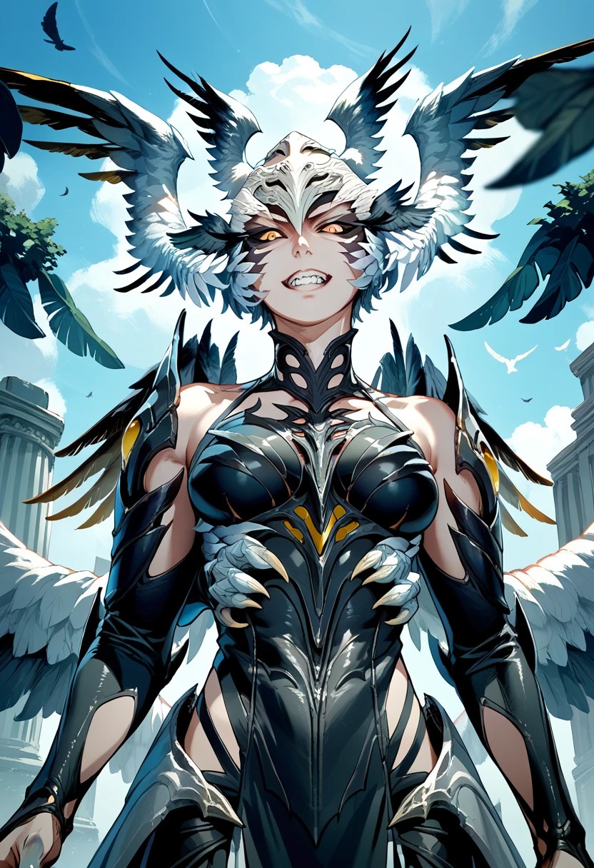 score_9,score_8_up,score_7_up,source_anime,Garuda,solo,yellow eyes,upper body,wings,teeth,head wings,feathered wings,claws,pillar,extra arms,multiple wings,column,